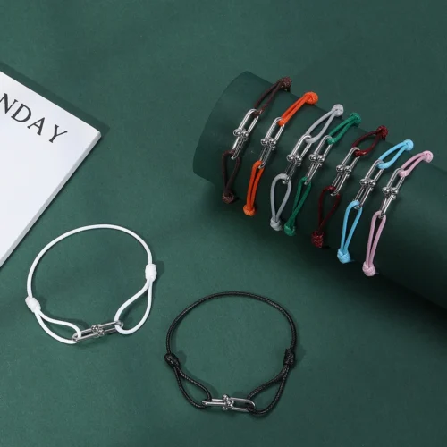 Pulseiras com pingente geométrico simples para homens e mulheres, comprimento ajustável, corda preta, casual, amor, casal, corrente de pulso, joias