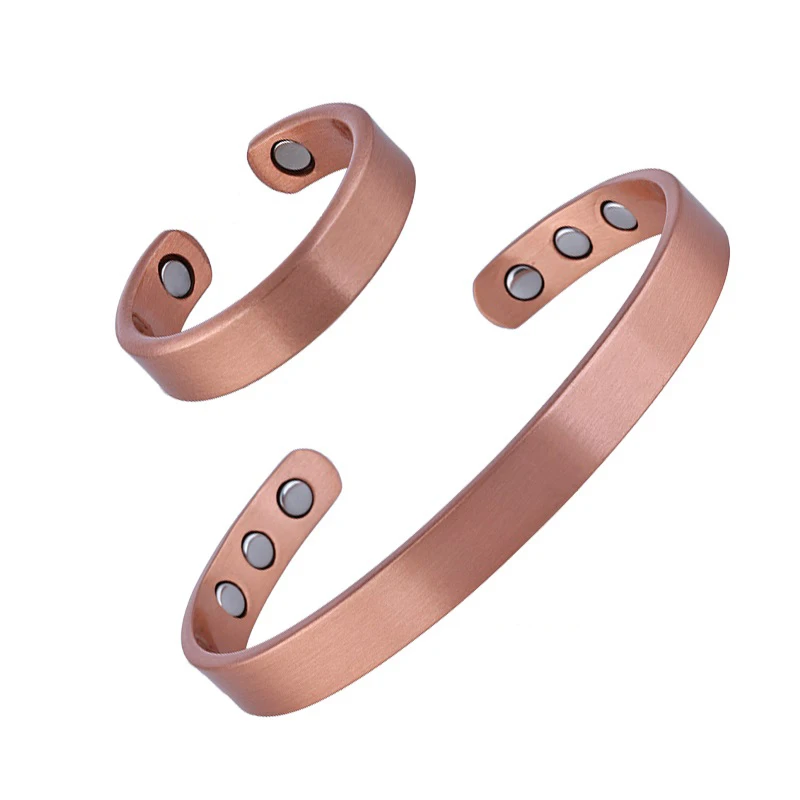 Conjunto de jóias simples pulseira de cobre puro anéis manguito pulseiras magnéticas para mulheres homens artrite saúde jóias de cobre sólido - Imagem 4