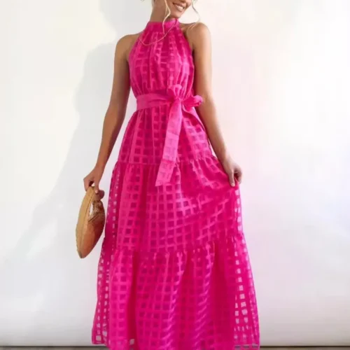 Moda elegante vestido de festa senhora sem mangas rendas vestidos longos robe femme casual férias saia vestidos para mulheres verão novo