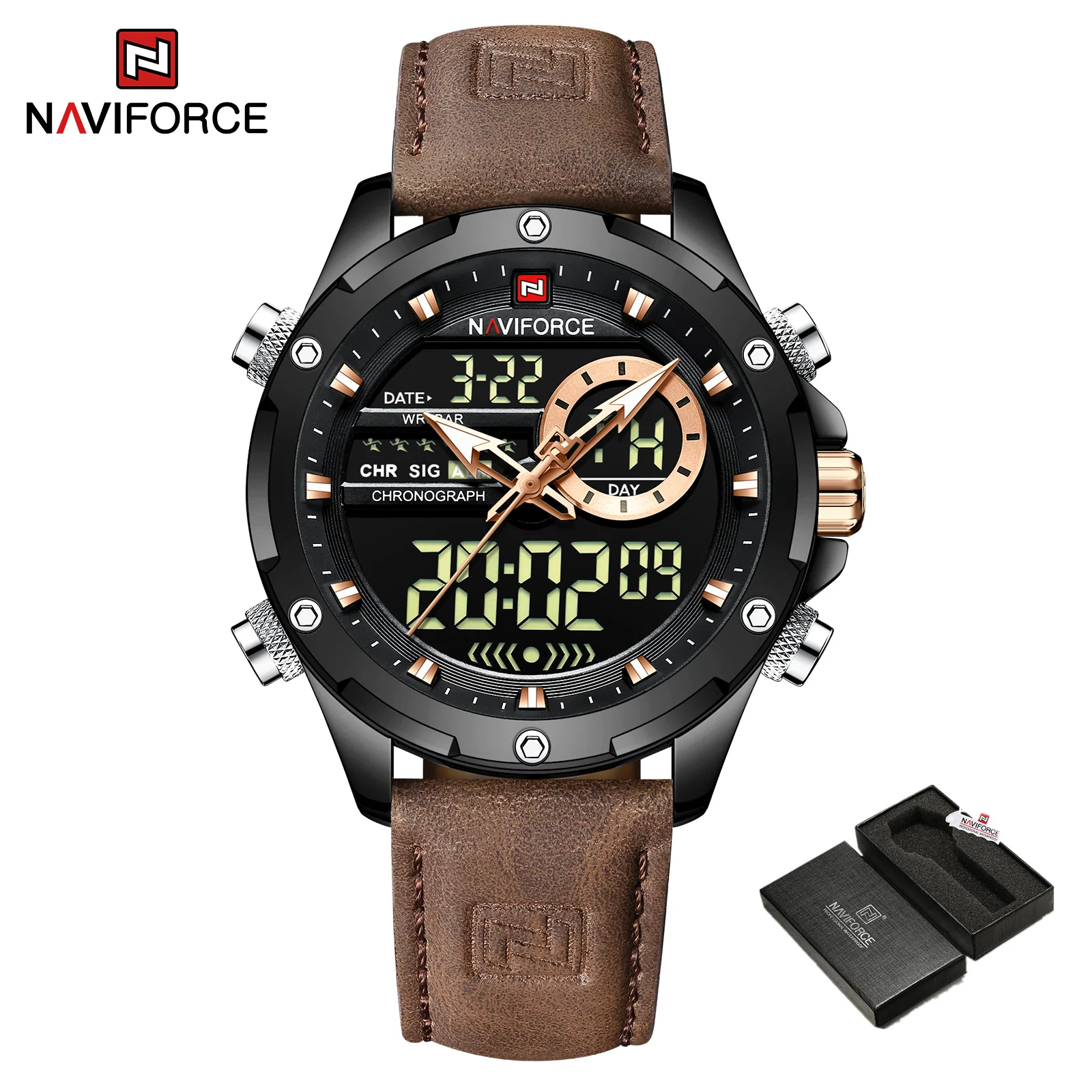 Naviforce relógios originais de luxo para homens casual esporte cronógrafo alarme quartzo relógio de pulso couro à prova dwaterproof água relógio digital 9163 - Imagem 12