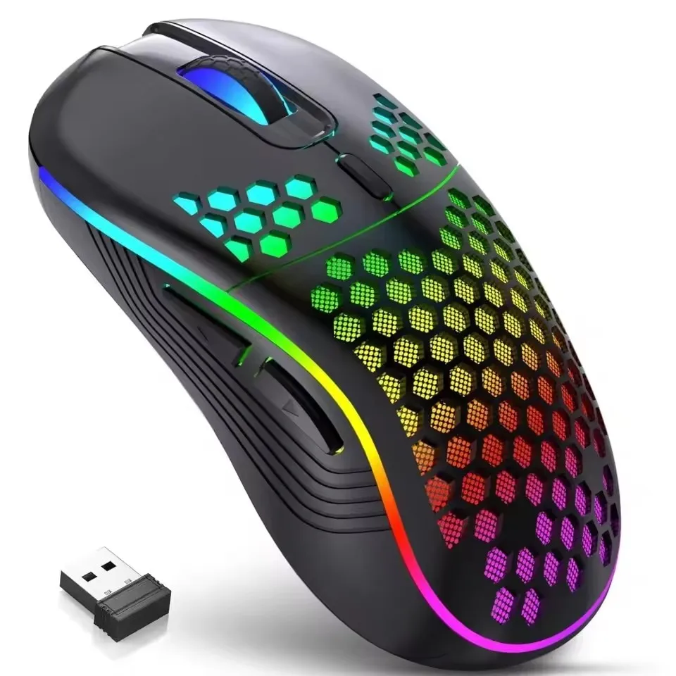 Mouse de carregamento com iluminação RGB sem fio 2.4G com DPI ajustável e ergonômico com design em favo de mel para laptop de mesa - Imagem 2