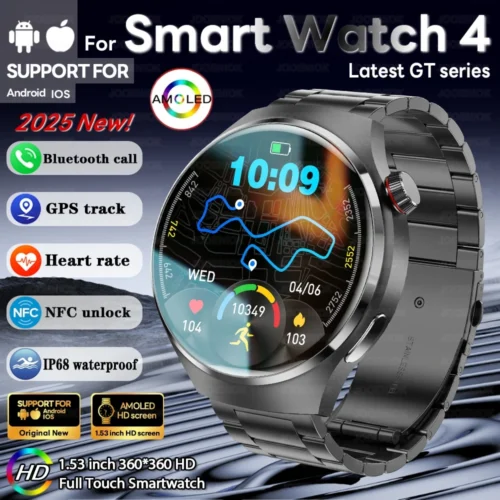 2025 novo relógio 4 gt série relógio inteligente masculino tela amoled freqüência cardíaca monitoramento de saúde bluetooth chamada negócios smartwatch homem