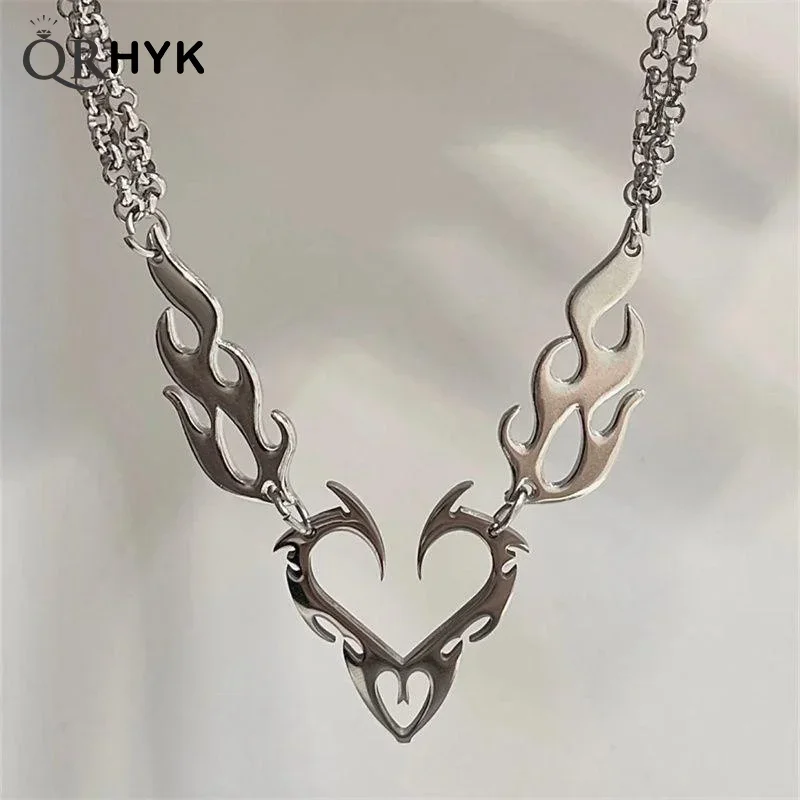Pingente de coração de chama oca de aço inoxidável requintado; Colar de colar de metal punk unissex para o estilo de luxo hip hop. - Imagem 5