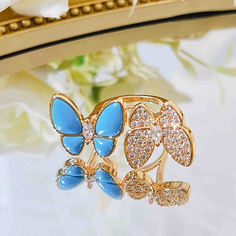 Anel de borboleta azul elegante para mulheres zircônia cúbica luxo clássico ajustável joias abertas Z539 - Imagem 5