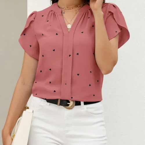 Novo verão camisas femininas com mangas pétala pastoral com decote em v amor impressão manga curta topos de alta qualidade para mulher