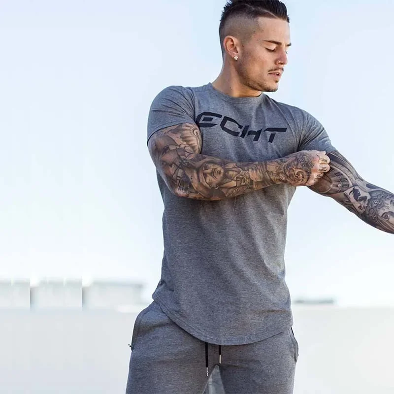 Echt novo esporte masculino elástico manga curta camiseta efeito de emagrecimento fundo redondo para fitness e corrida fora fornecimento direto - Imagem 3