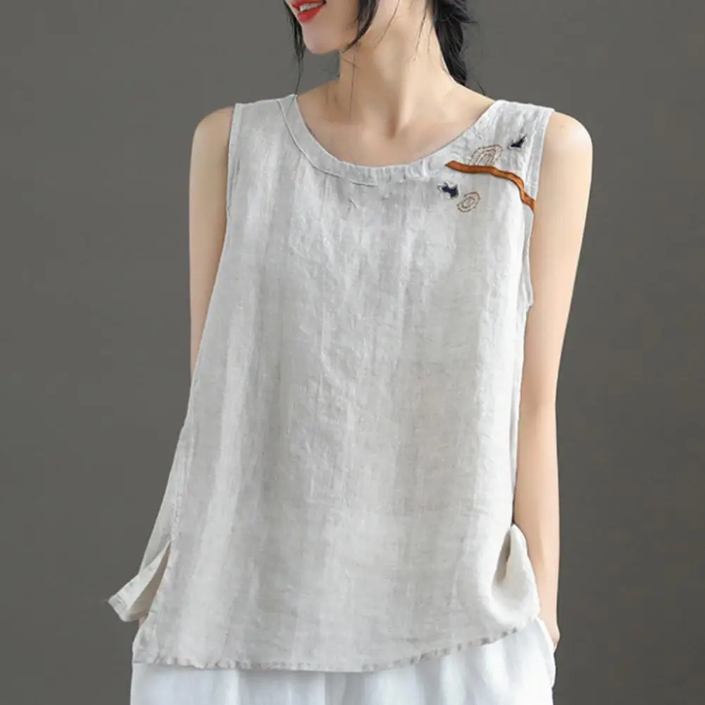 Bordado feminino estampa algodão linho regata, leve, na moda, respirável, o-pescoço, streetwear