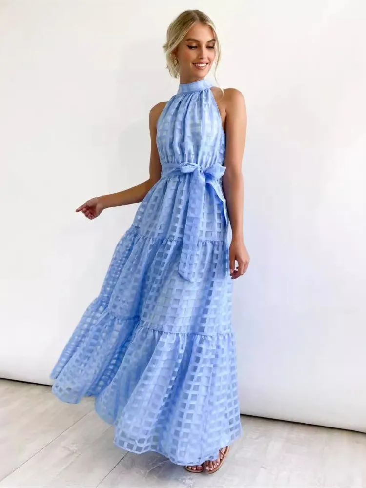 Moda elegante vestido de festa senhora sem mangas rendas vestidos longos robe femme casual férias saia vestidos para mulheres verão novo - Imagem 3