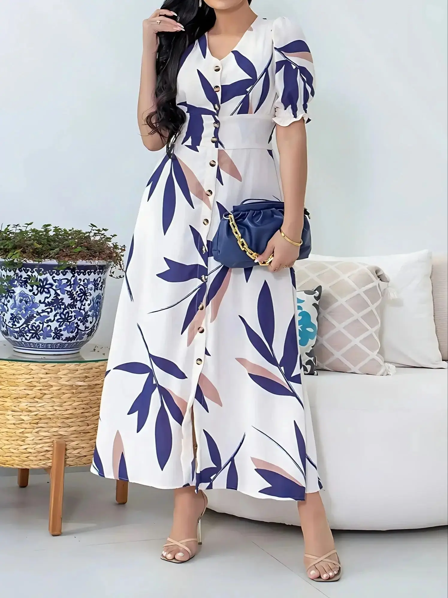 Vestido de peito único com estampa de folhas, vestido elegante de manga curta Aline com decote em V para primavera e verão, roupas femininas - Imagem 7