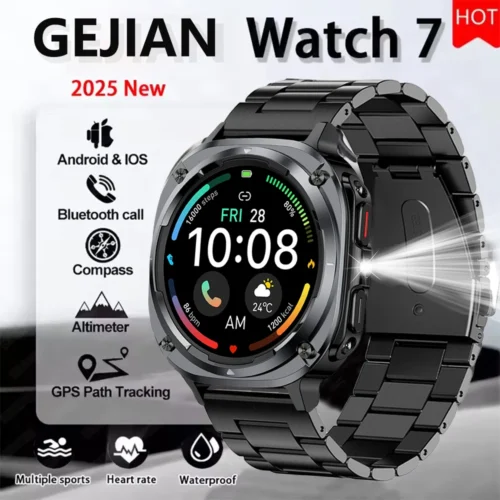Novo relógio inteligente masculino Watch 7 Ultra 2025 com GPS, monitoramento de frequência cardíaca e oxigenação sanguínea, tela AMOLED, chamadas de voz, classificação IPX8 e lanterna LED.