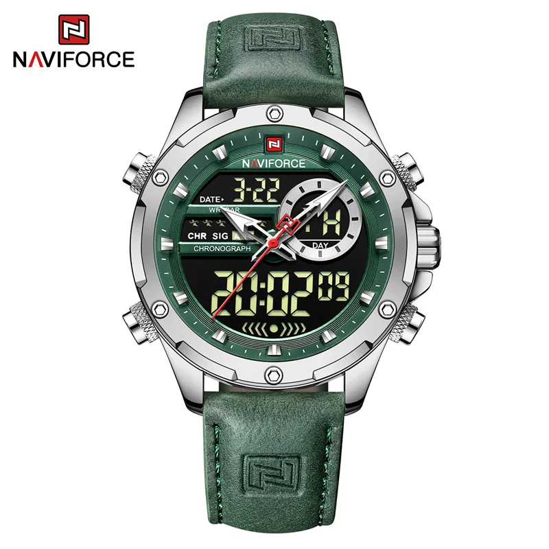 Naviforce relógios originais de luxo para homens casual esporte cronógrafo alarme quartzo relógio de pulso couro à prova dwaterproof água relógio digital 9163 - Imagem 9