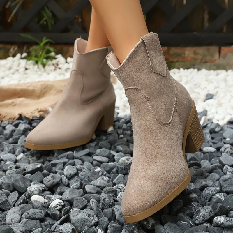Botas femininas moda bico fino manga touro camurça antiderrapante salto bloco sapatos únicos