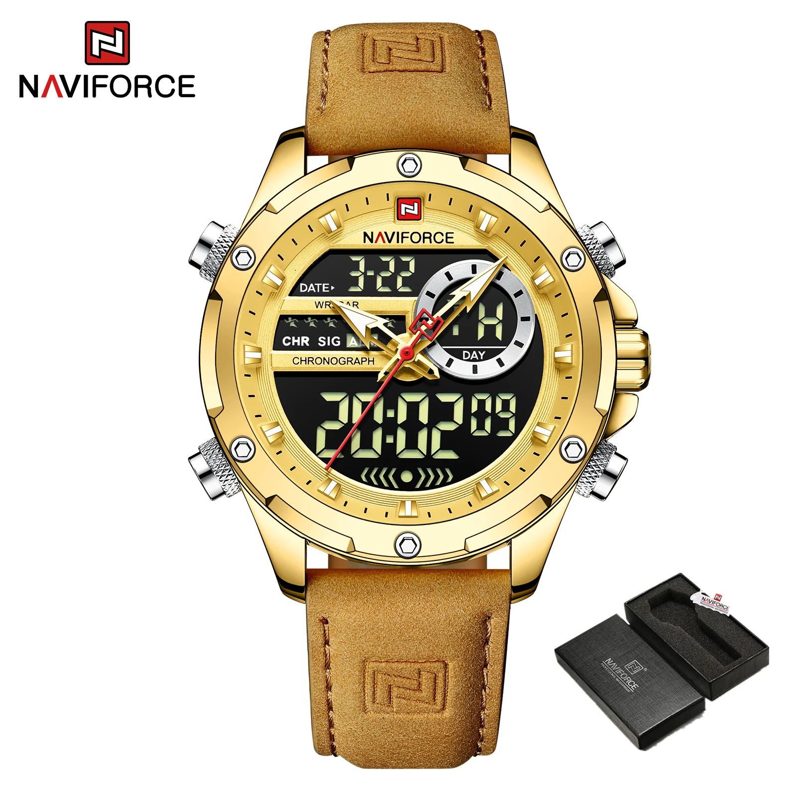 Naviforce relógios originais de luxo para homens casual esporte cronógrafo alarme quartzo relógio de pulso couro à prova dwaterproof água relógio digital 9163 - Imagem 11