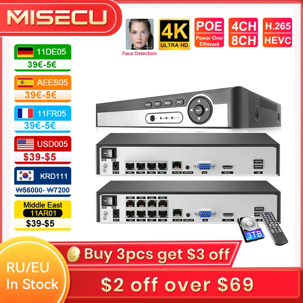 Misecu h.265 4ch 8ch 1080p 5mp 8mp 4k ultra hd poe nvr rede face detecção gravador de vídeo para câmera ip poe segurança onvif