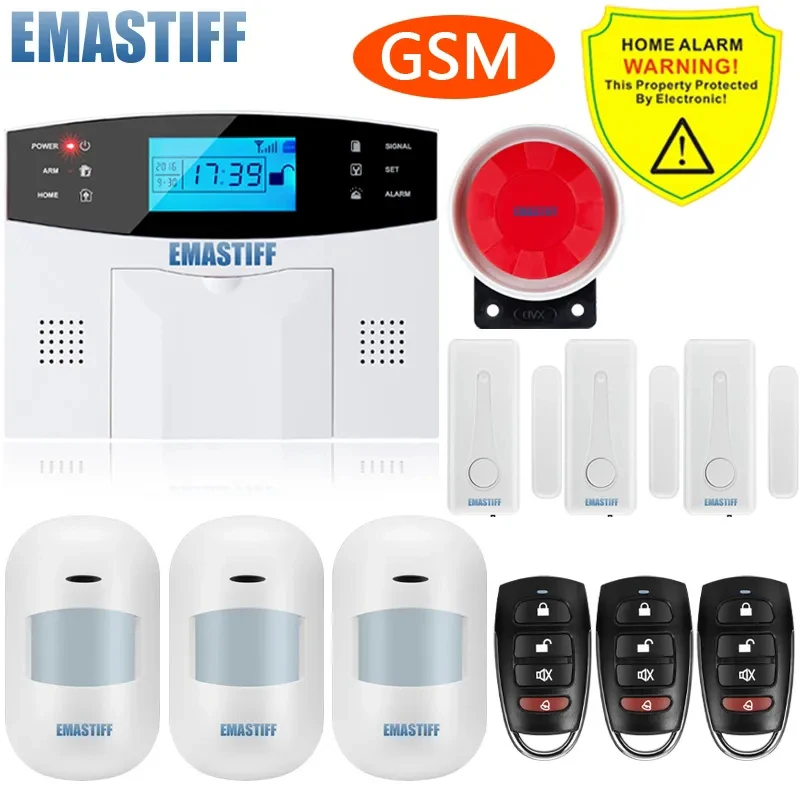 Sem fio LCD PIR Motion Detector, Porta Gap Sensor, Casa Sistema de Alarme de Segurança, Antena Embutida, GSM SIM Card, Smoke Flash Siren, Novo