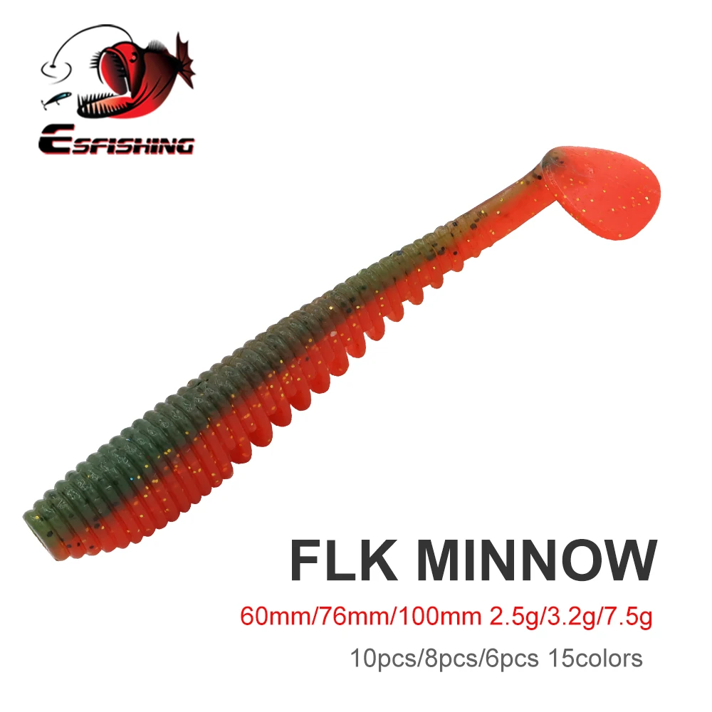 Esfishing artificial macio silicone iscawaruna flk minnow 60mm100mm sais perfumados pesca isca de pesca enfrentar t cauda shad