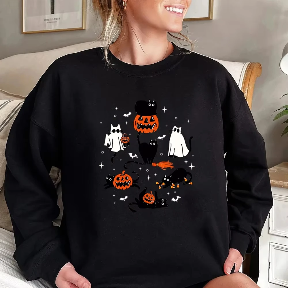 Moletom fofo de Halloween com gato fantasma Boo, camiseta de Halloween com gato e abóbora, moletom de mangas compridas para o outono. - Imagem 2