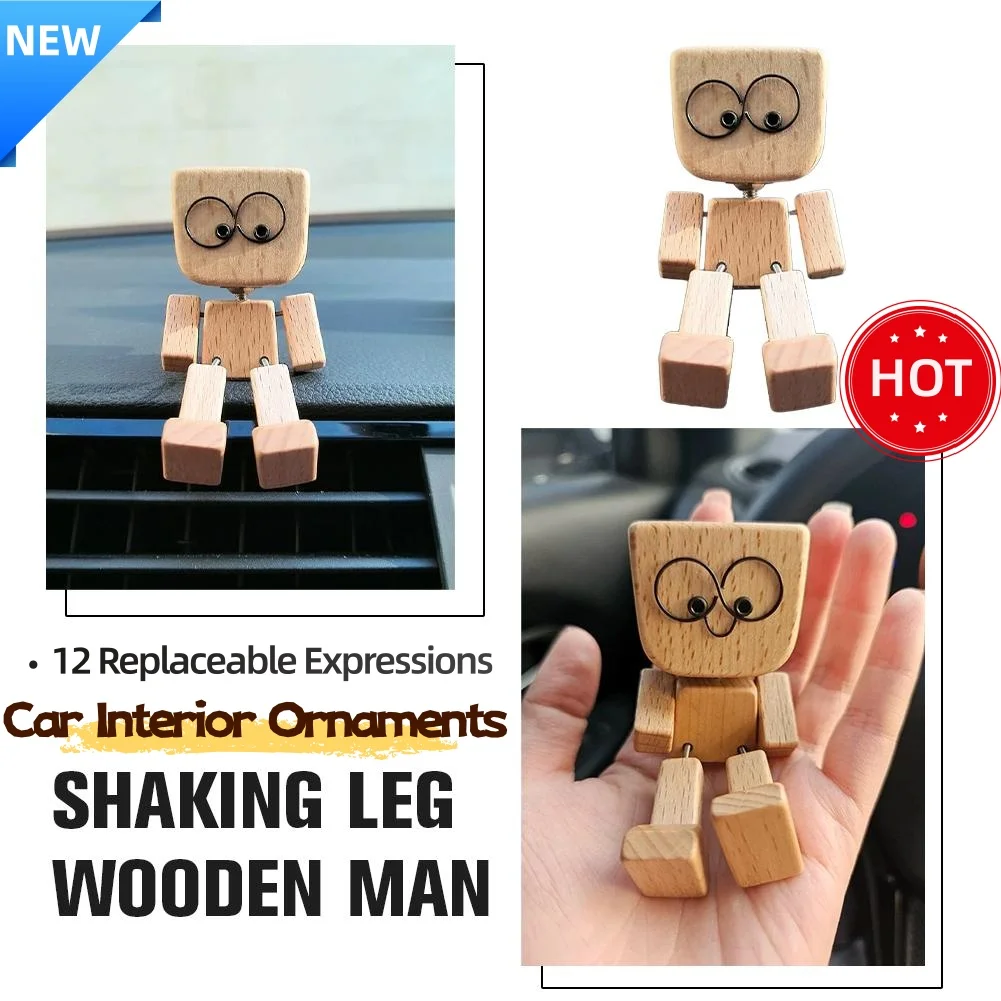 Shaking homem de madeira expressões substituíveis estatueta base magnética bonito interior do carro ornamentos de madeira engraçado decoração de mesa de madeira - Imagem 2