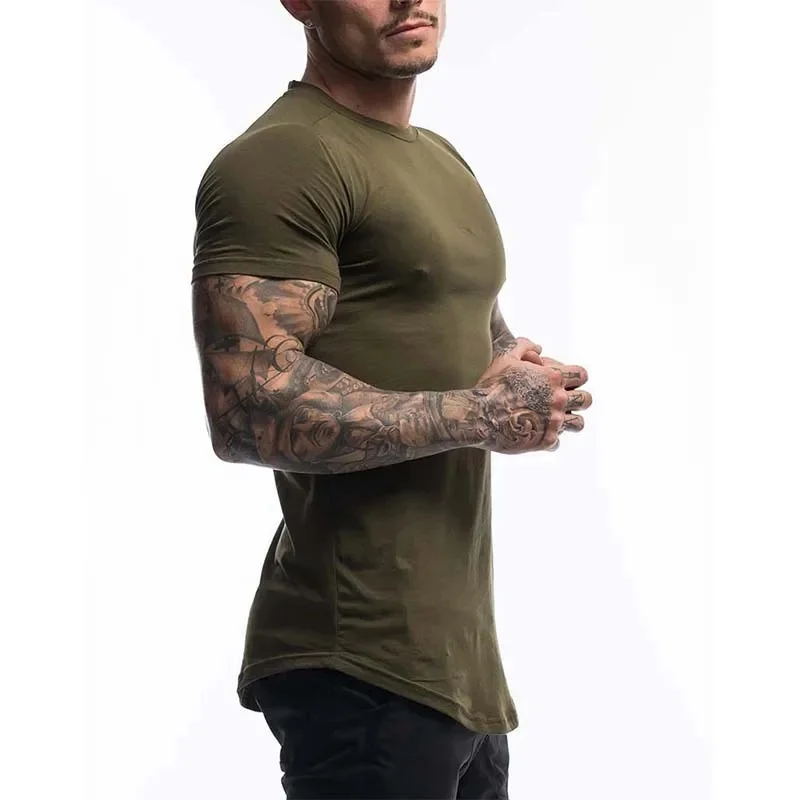 Echt novo esporte masculino elástico manga curta camiseta efeito de emagrecimento fundo redondo para fitness e corrida fora fornecimento direto - Imagem 11