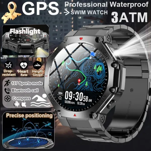 Novo Smartwatch Esportivo Masculino 2025 com GPS, Tela AMOLED, Monitoramento de Frequência Cardíaca, Lanterna LED, NFC, Chamadas Bluetooth e Resistente à Água 3ATM.