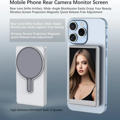 Monitor de câmera traseira sem fio para selfies, vlogs e transmissões ao vivo com suporte magnético e controle remoto para iPhone, etc.