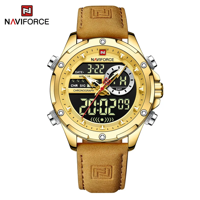 Naviforce relógios originais de luxo para homens casual esporte cronógrafo alarme quartzo relógio de pulso couro à prova dwaterproof água relógio digital 9163 - Imagem 8