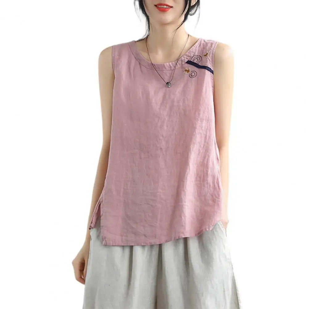 Bordado feminino estampa algodão linho regata, leve, na moda, respirável, o-pescoço, streetwear - Imagem 8