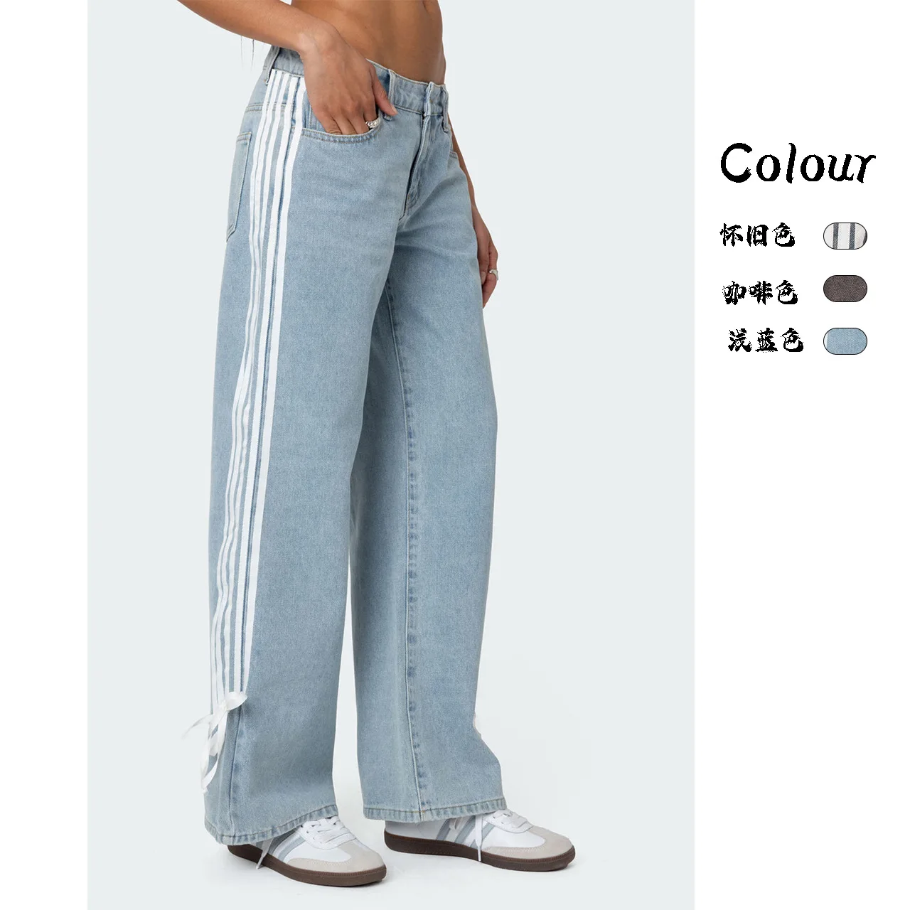 Listra leace-up retalhos calças jeans femininas primavera outono nova moda bolso solto denim pernas largas calças femininas streetwear