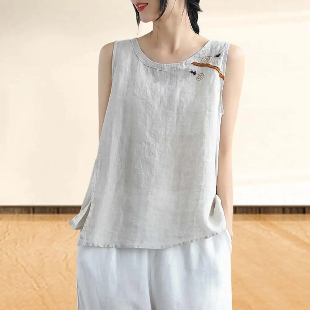 Bordado feminino estampa algodão linho regata, leve, na moda, respirável, o-pescoço, streetwear - Imagem 3