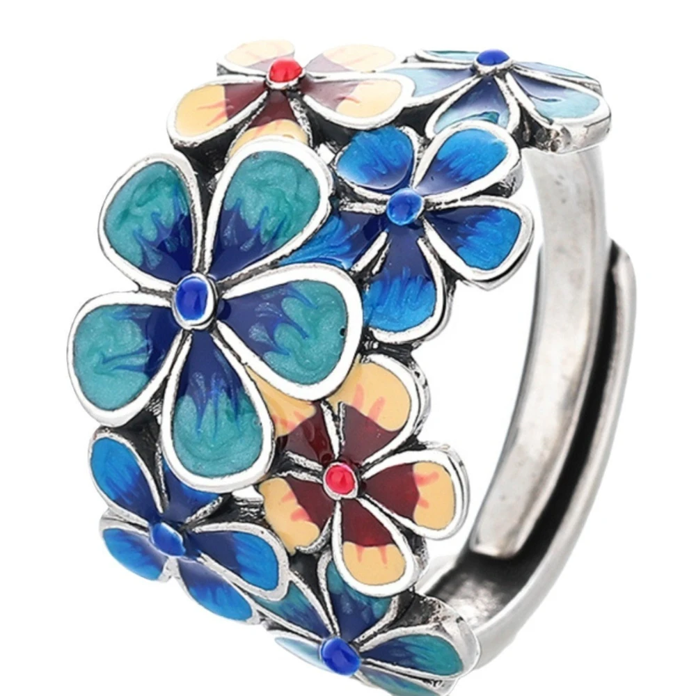 Novo anel florido esmaltado para mulheres com atmosférico retrô azul flor casal anel minimalista festa joias presente - Imagem 6