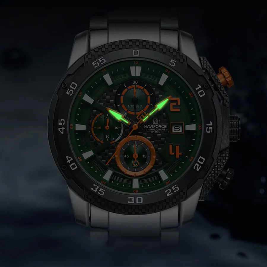 Relógios NAVIFORCE em aço inoxidável para homem, à prova d'água, com mostrador luminoso e cronógrafo, ideais para uso casual e profissional. - Imagem 6