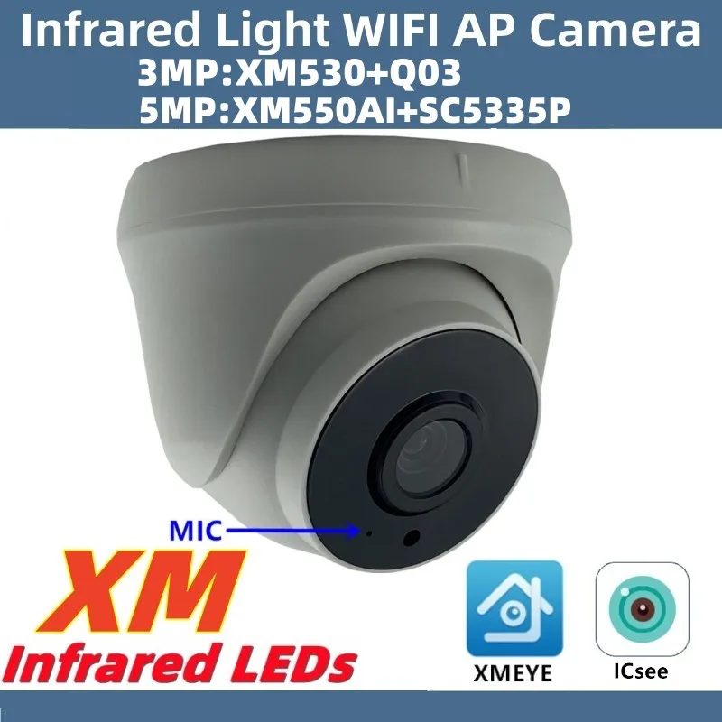 Câmera Dome de Luz Infravermelha Interna, Microfone Embutido, WiFi, Sem Fio, AP, IP, Teto, Slot SDCard, XMEYE, ICsee, P2P, NightVision, 5 MP, 3MP