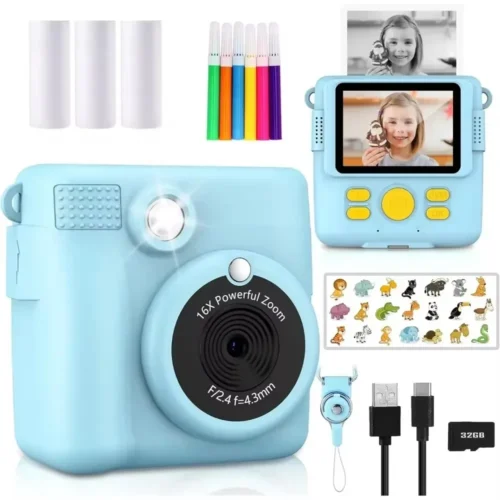 Câmera portátil de impressão instantânea para crianças - Câmera de vídeo HD 1080P com 3 rolos de papel fotográfico e cartão de 32 GB, brinquedo perfeito para crianças pequenas.