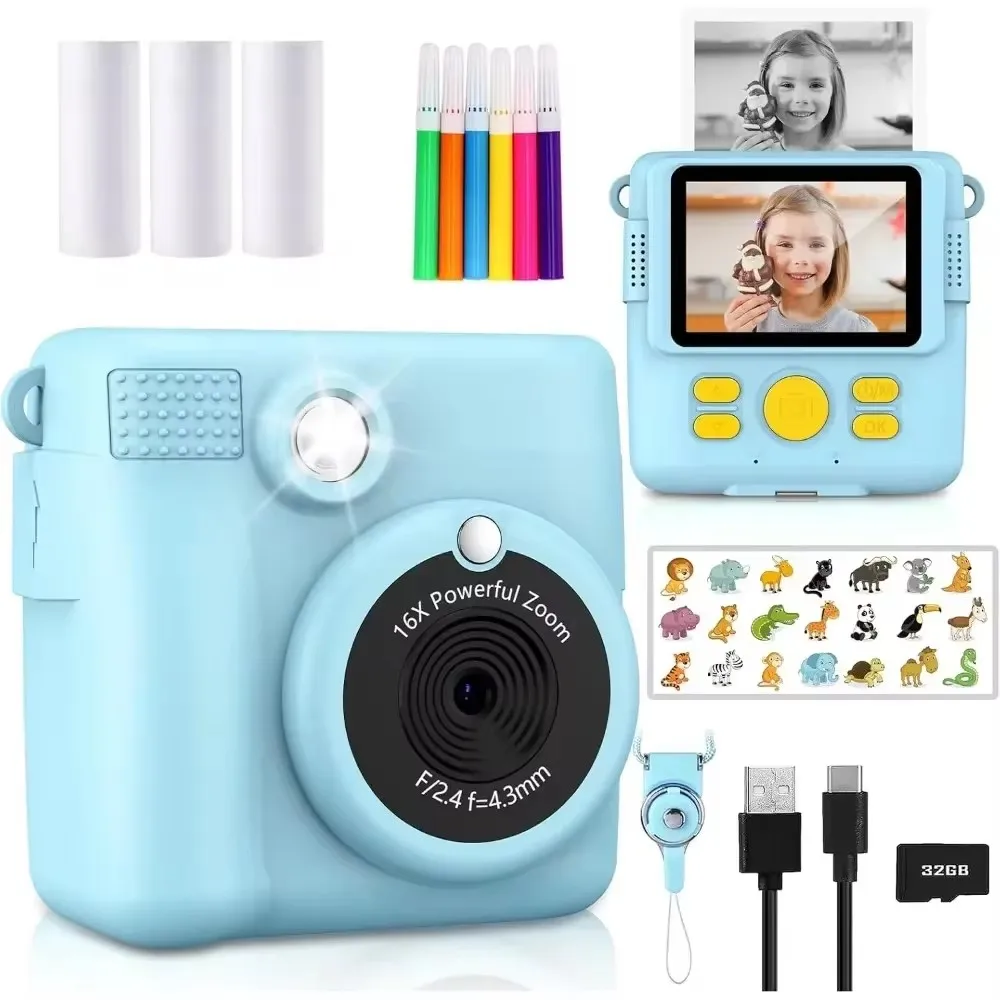 Câmera portátil de impressão instantânea para crianças - Câmera de vídeo HD 1080P com 3 rolos de papel fotográfico e cartão de 32 GB, brinquedo perfeito para crianças pequenas.