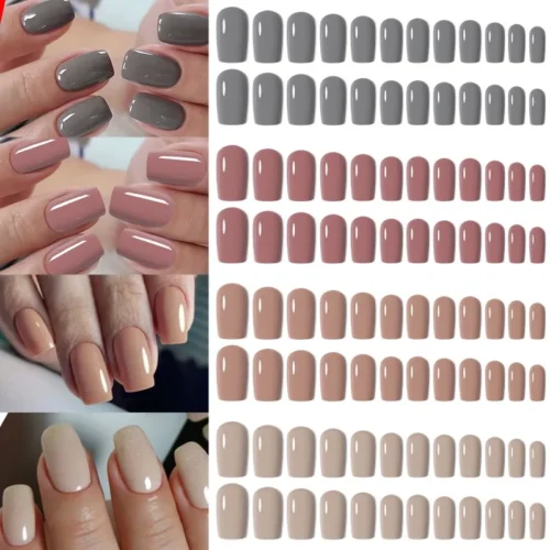 96 pçs encaixotado 4 cores dicas de unhas curtas ballet/café/quadrado cobertura completa fosco brilhante unhas falsas imprensa-em unhas diy manicure design