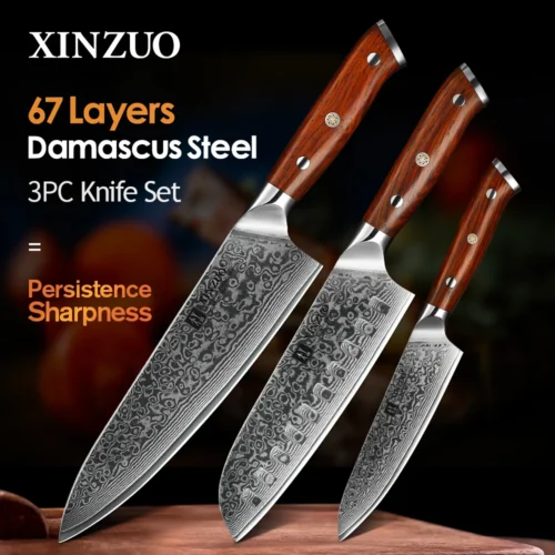 XINZUO-Kitchen Knife Sets, Japonês Forjado, Aço Damasco, Santoku Facas, Aço inoxidável, Rosewood Handle, 1Pc, 3Pcs
