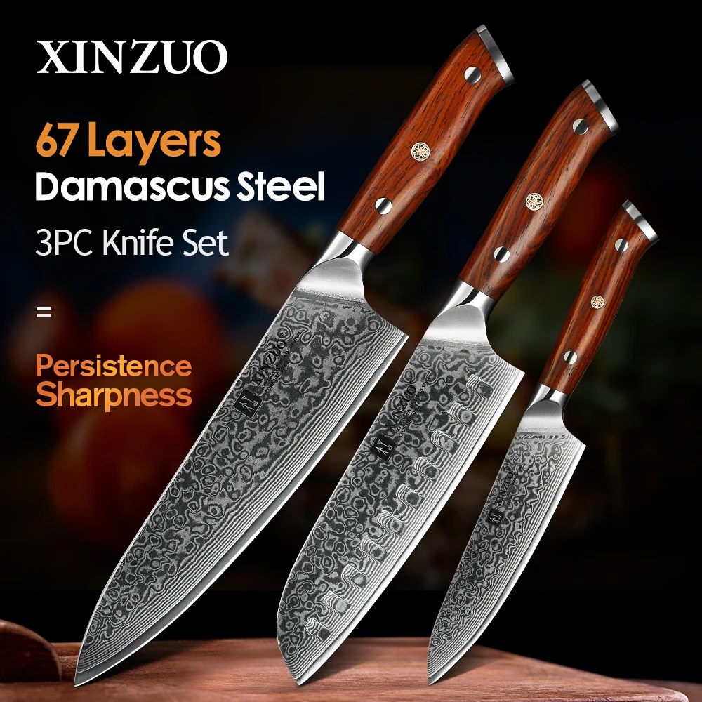 XINZUO-Kitchen Knife Sets, Japonês Forjado, Aço Damasco, Santoku Facas, Aço inoxidável, Rosewood Handle, 1Pc, 3Pcs
