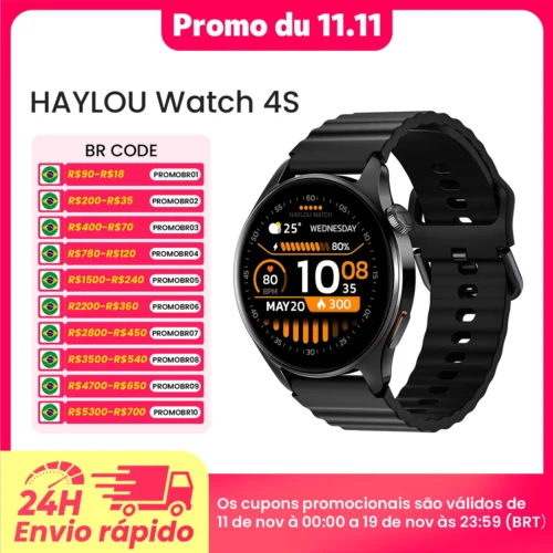 Relógio Inteligente HAYLOU Watch 4S com GPS, Tela AMOLED HD de 1,43”, Posicionamento GPS por 5 Satélites, Mais de 120 Modos de Treino, Ideal para Esportes e Fitness.