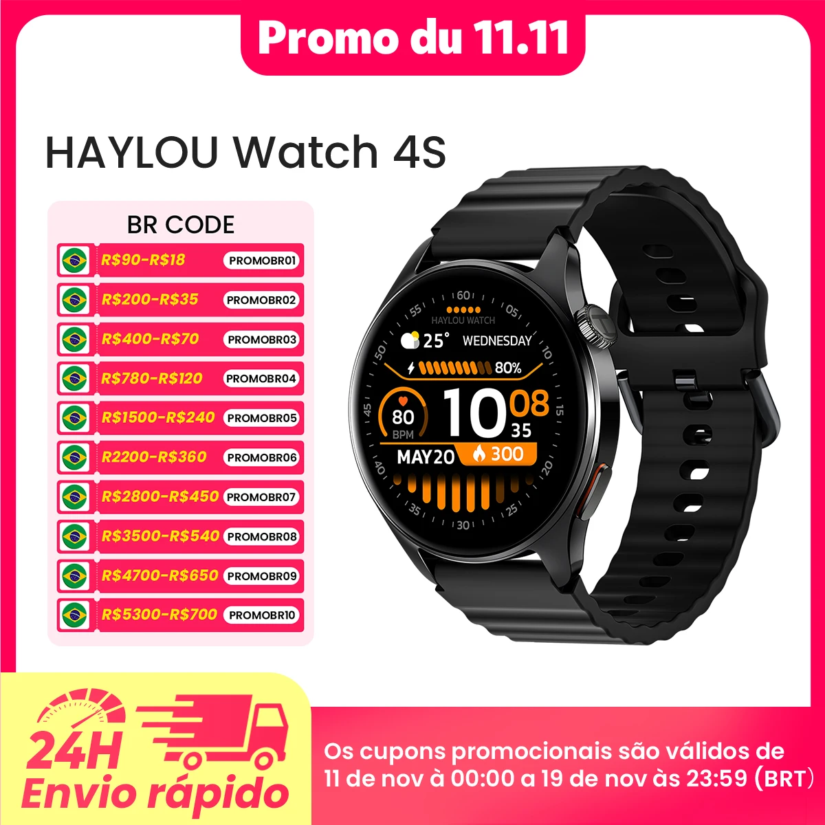 Relógio Inteligente HAYLOU Watch 4S com GPS, Tela AMOLED HD de 1,43”, Posicionamento GPS por 5 Satélites, Mais de 120 Modos de Treino, Ideal para Esportes e Fitness.