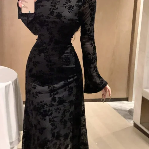 Nova tripulação pescoço preto floral renda elegante midi vestido sexy malha manga longa alargamento vestidos de convidados do casamento vestido de festa de luxo feminino