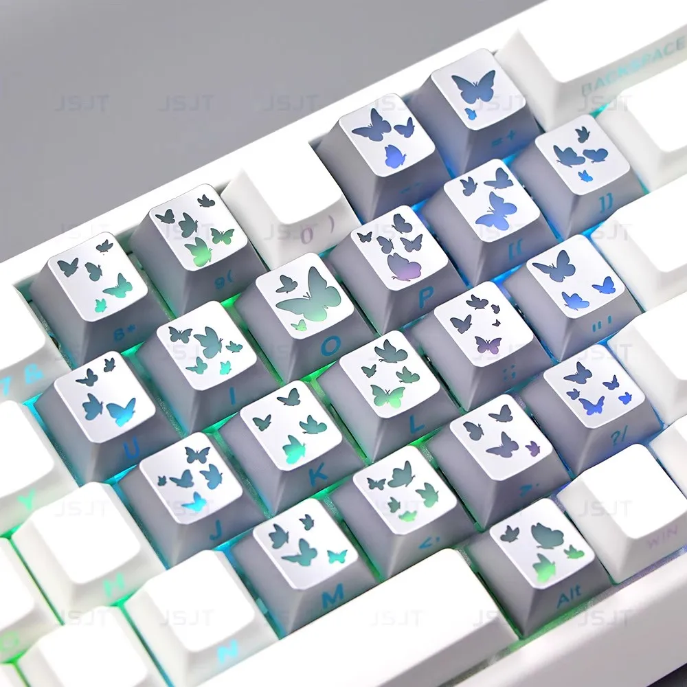 21 teclas/conjunto amor coração borboleta padrão keycaps transparente/prata em branco/lado impresso retroiluminado key caps cereja perfil keycap
