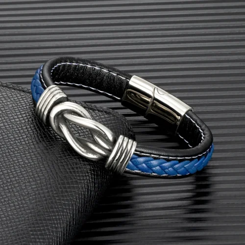Mkendn punk retro masculino quadrado nó pulseira de couro para mulher de aço inoxidável ímã fivela infinito casal jóias