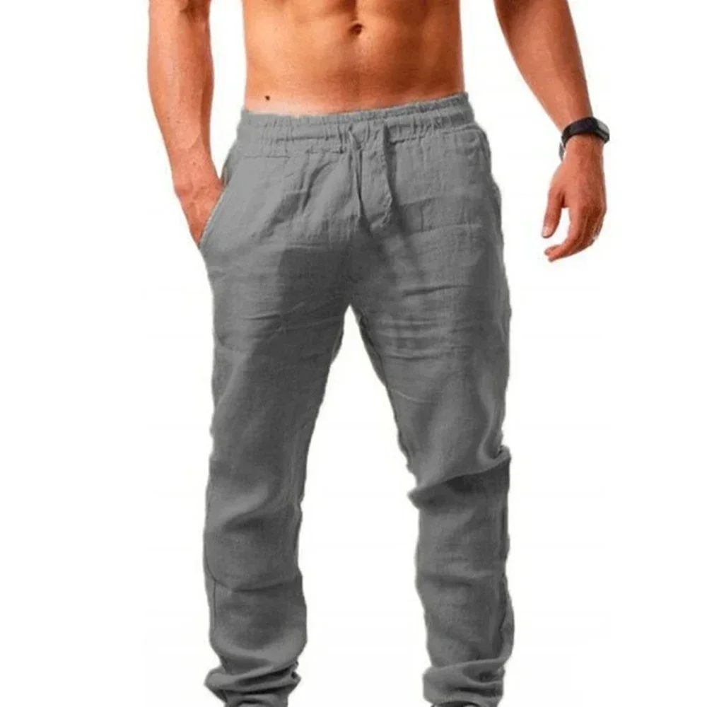 Calças de linho masculinas verão respirável calças de linho moletom cor sólida linho calças de fitness jogging fitness streetwear - Imagem 4