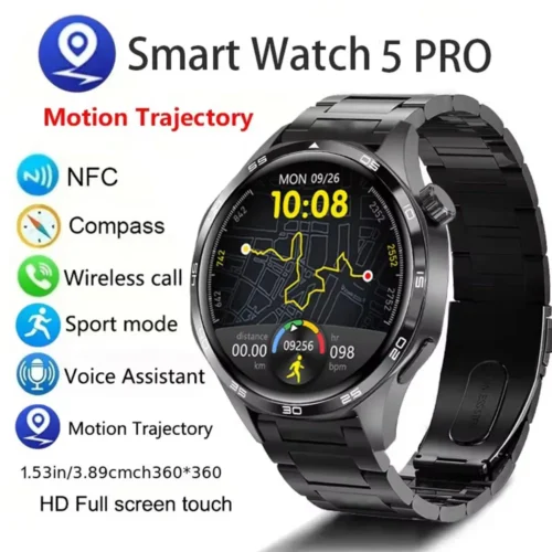 Relógio Inteligente Watch 5 PRO Masculino com Tela AMOLED HD de 5 polegadas, Chamadas Bluetooth, GPS, Trajetória, NFC, Monitoramento Cardíaco e Bússola - Novo em 2024