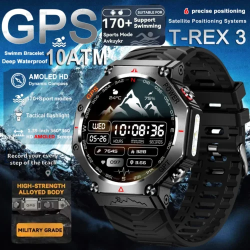 Novo Smartwatch T-Rex 3 Ultra GPS Masculino 2025, Resistente à Água 10ATM IP68, com Bússola GNSS de Banda Dupla Integrada, Estilo Militar Esportivo.
