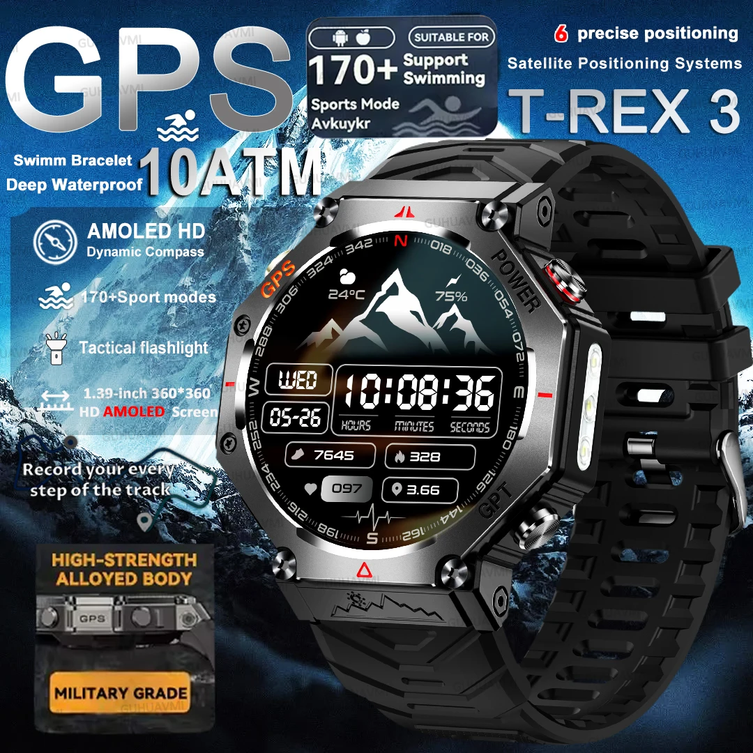 Novo Smartwatch T-Rex 3 Ultra GPS Masculino 2025, Resistente à Água 10ATM IP68, com Bússola GNSS de Banda Dupla Integrada, Estilo Militar Esportivo.