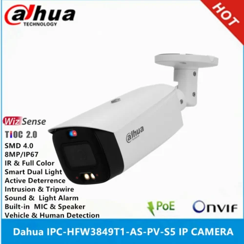 Dahua IPC-HFW3849T1-AS-PV-S5 8MP POE IP67 Microfone embutido e Spk IR30M e Full Color 30M dissuasão ativa SMD 4.0 Câmera IP WizSense
