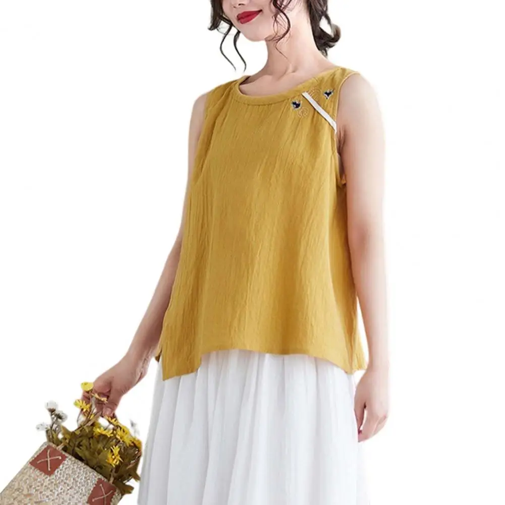 Bordado feminino estampa algodão linho regata, leve, na moda, respirável, o-pescoço, streetwear - Imagem 7