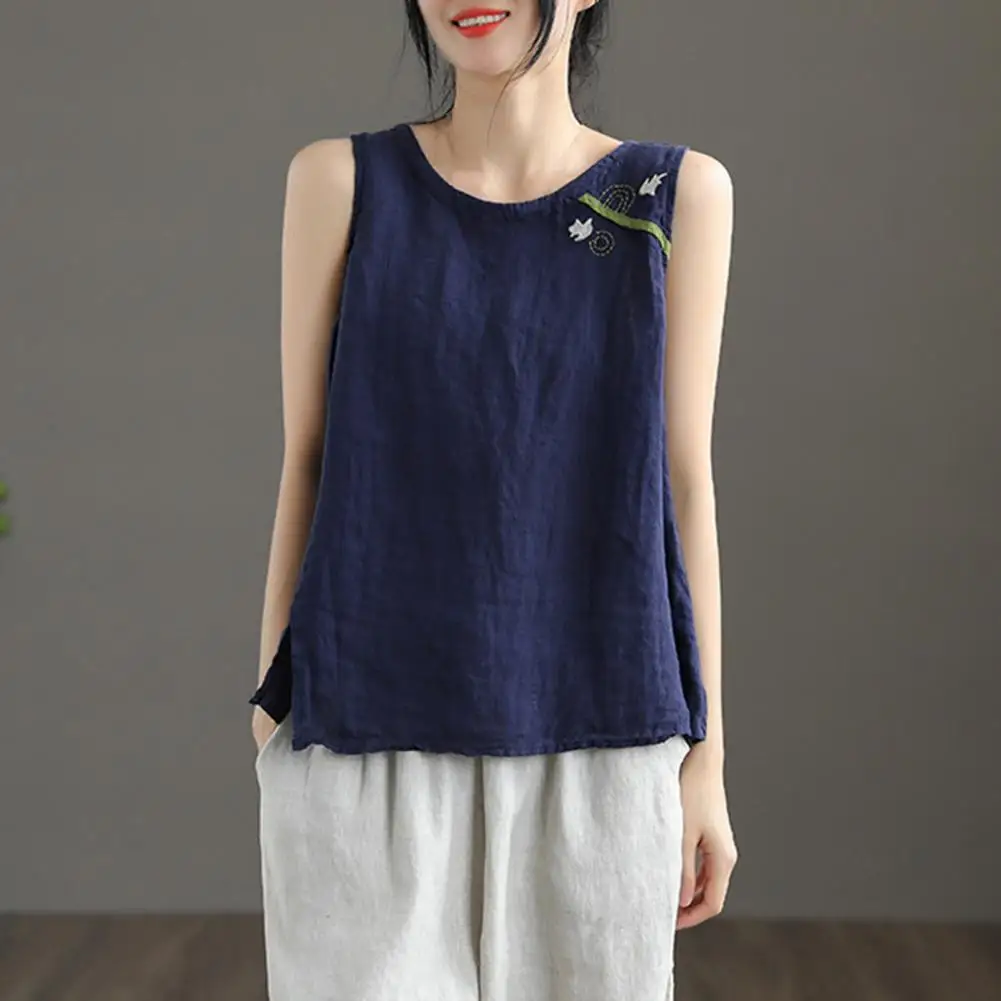 Bordado feminino estampa algodão linho regata, leve, na moda, respirável, o-pescoço, streetwear - Imagem 5