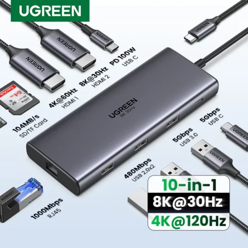 Hub USB-C UGREEN Dual HDMI 8K 4K Adaptador HDMI 10 em 1 Divisor com RJ45 USB3.0 PD 100W Dock para MacBook Pro Air Laptop HUB